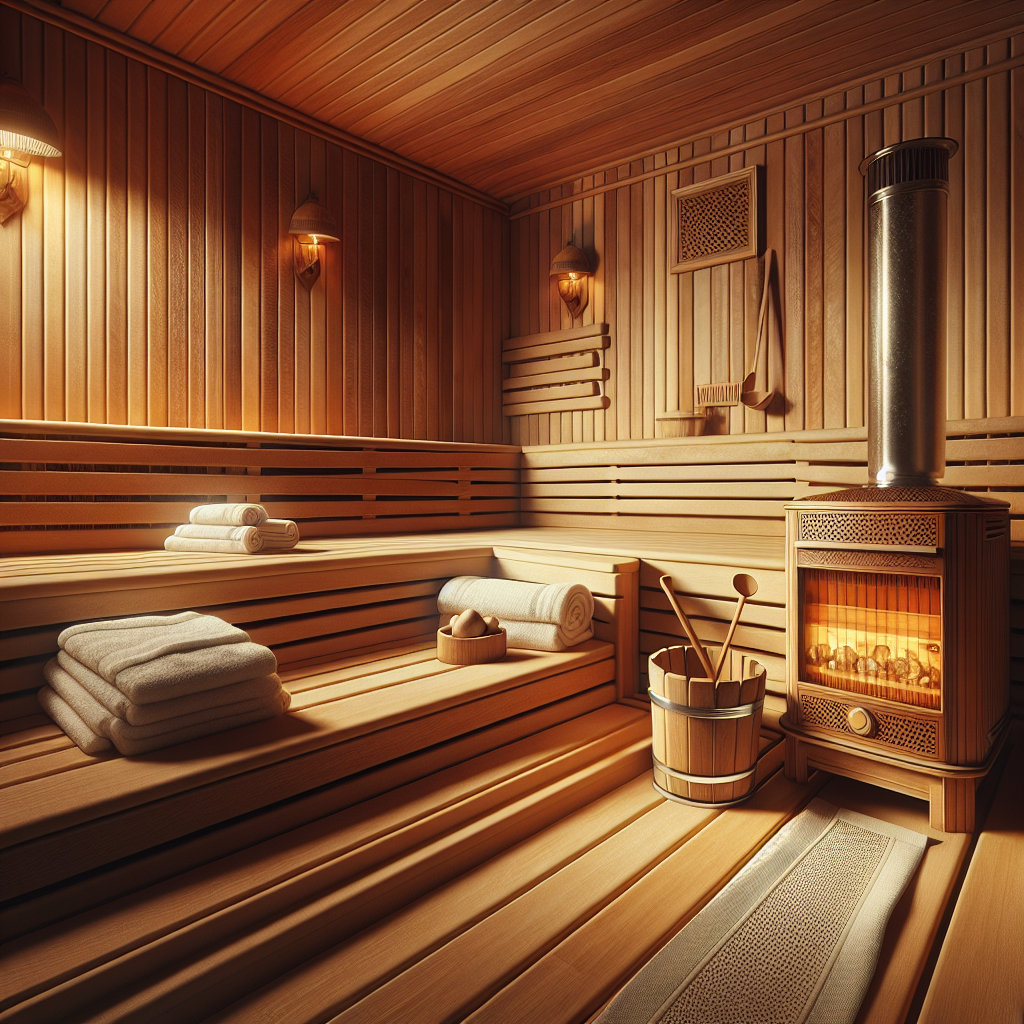 Interior of a traditional indoor sauna with wood lining and a sauna heater.