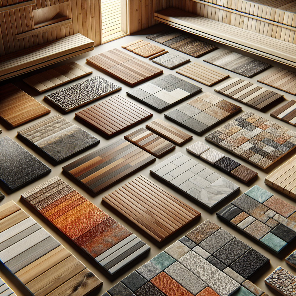 An array of indoor sauna flooring materials including cedar wood, tiles, and slip-resistant options.