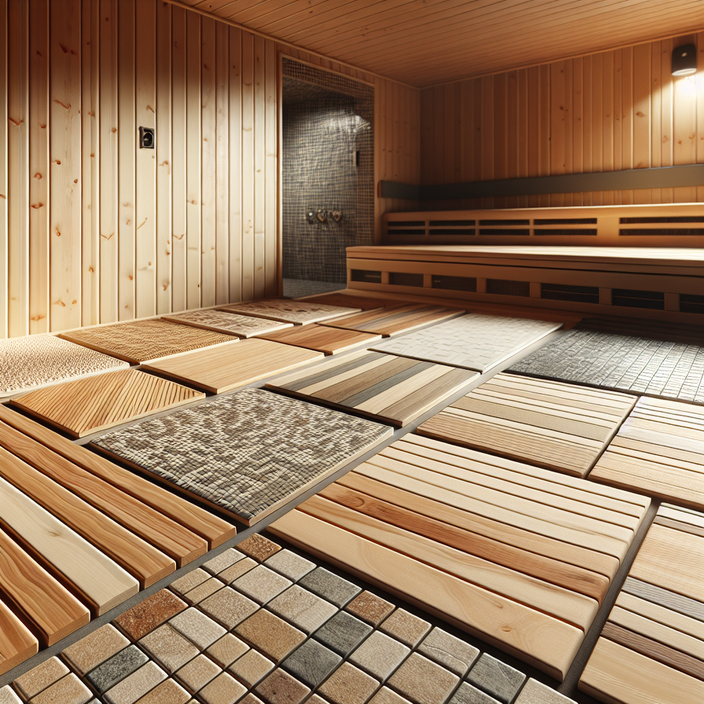 A variety of sauna flooring materials including cedar wood, tiles, and slip-resistant options.