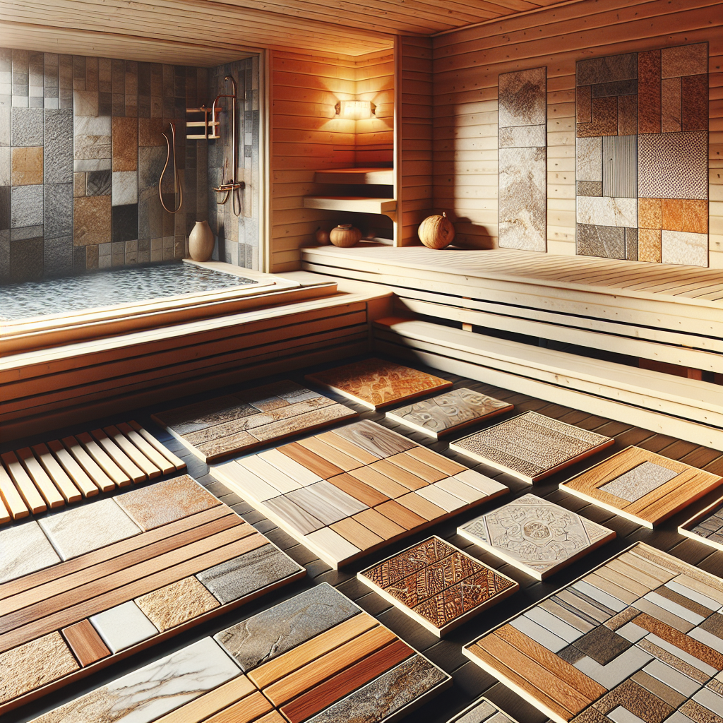 Assorted indoor sauna flooring materials including cedar wood, tiles, and slip-resistant options.