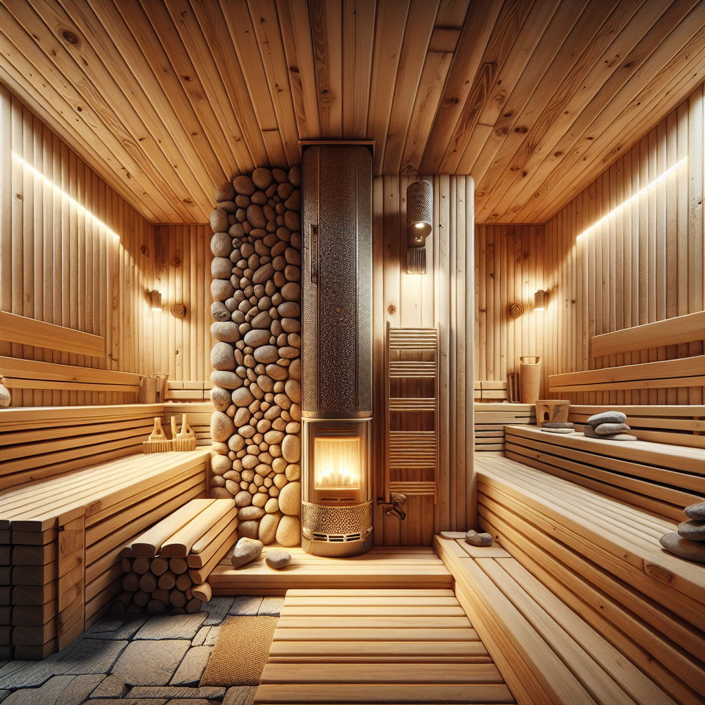 Home sauna installation with wooden interior and ambient lighting.