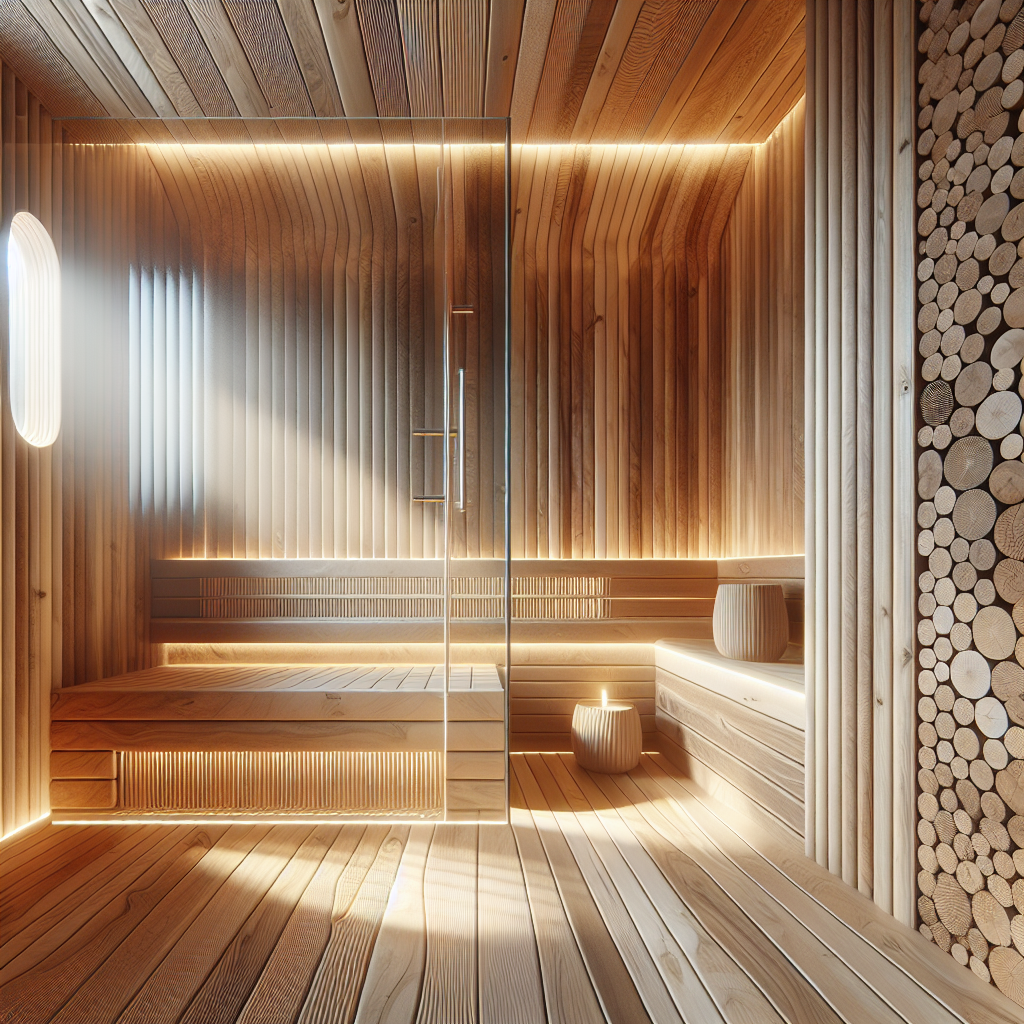 Realistic image of a modern home sauna installation with wooden interior and glass door.