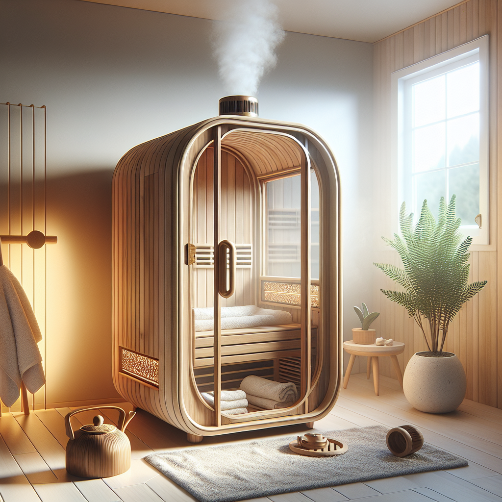 A realistic indoor scene featuring a portable wooden sauna in an open, naturally lit space with sauna accessories and a plant.