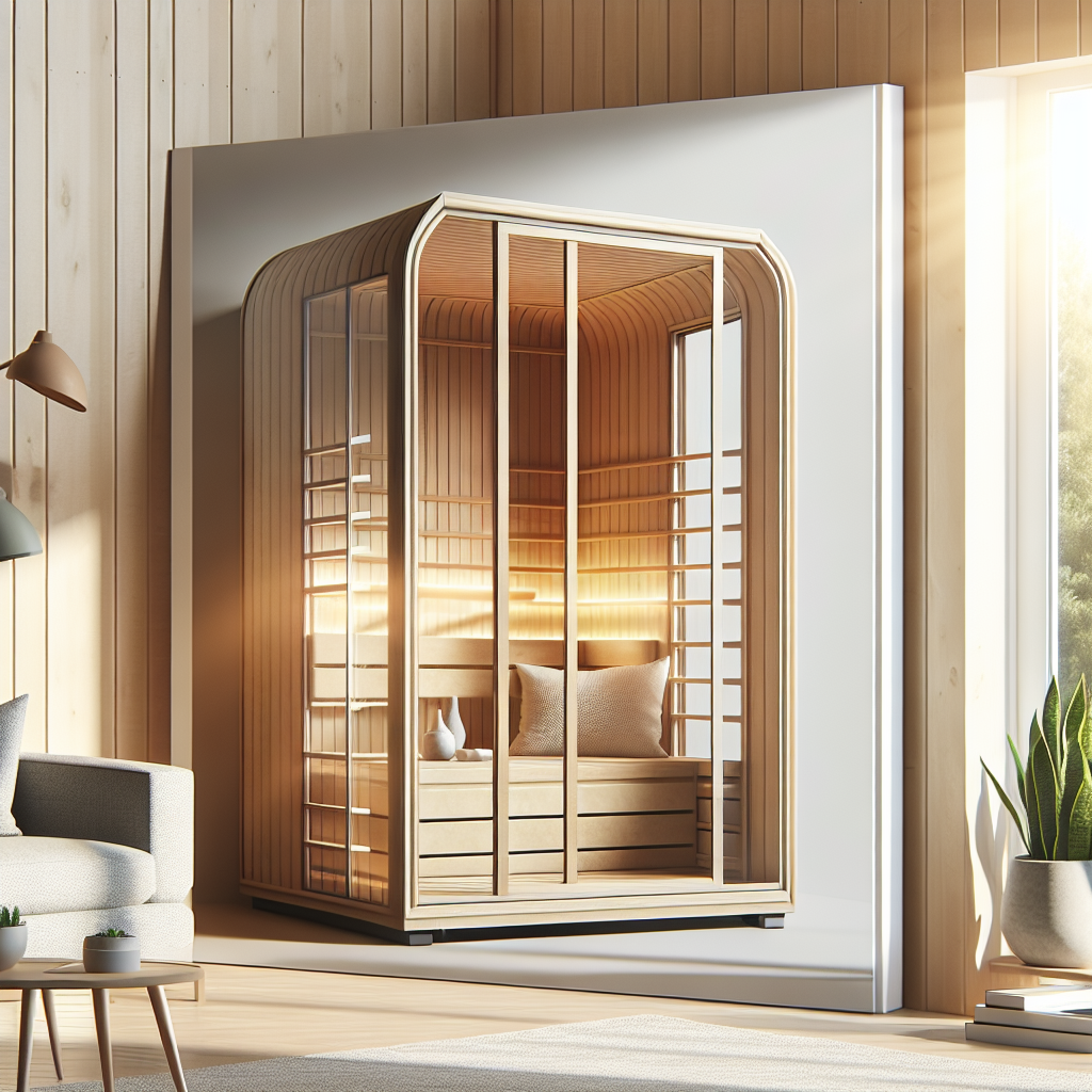 A realistic image of a cozy portable indoor sauna set up in a bright, open living space.