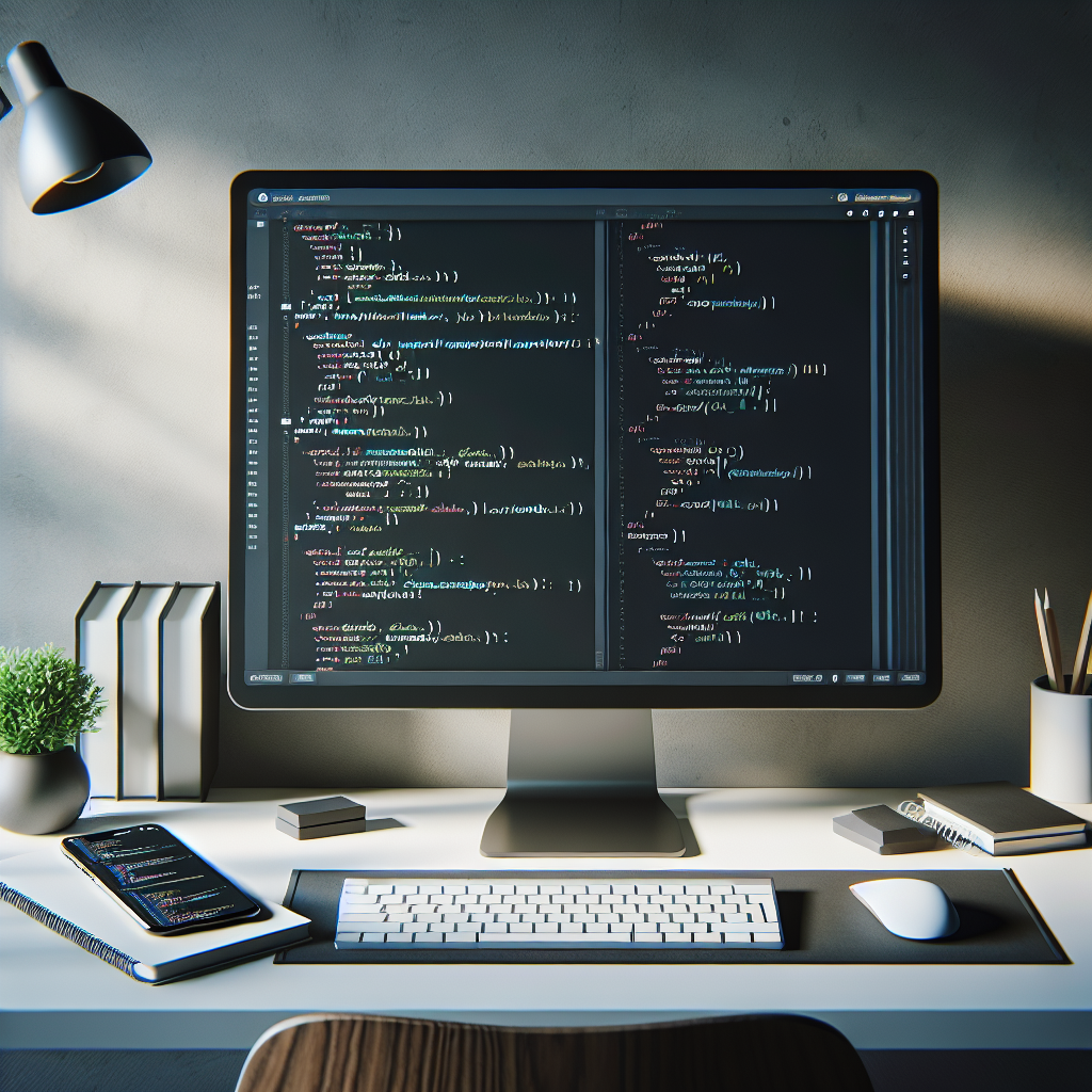 A modern office setup showing a desktop computer with JavaScript code using Node.js and a smartphone displaying a mobile app.