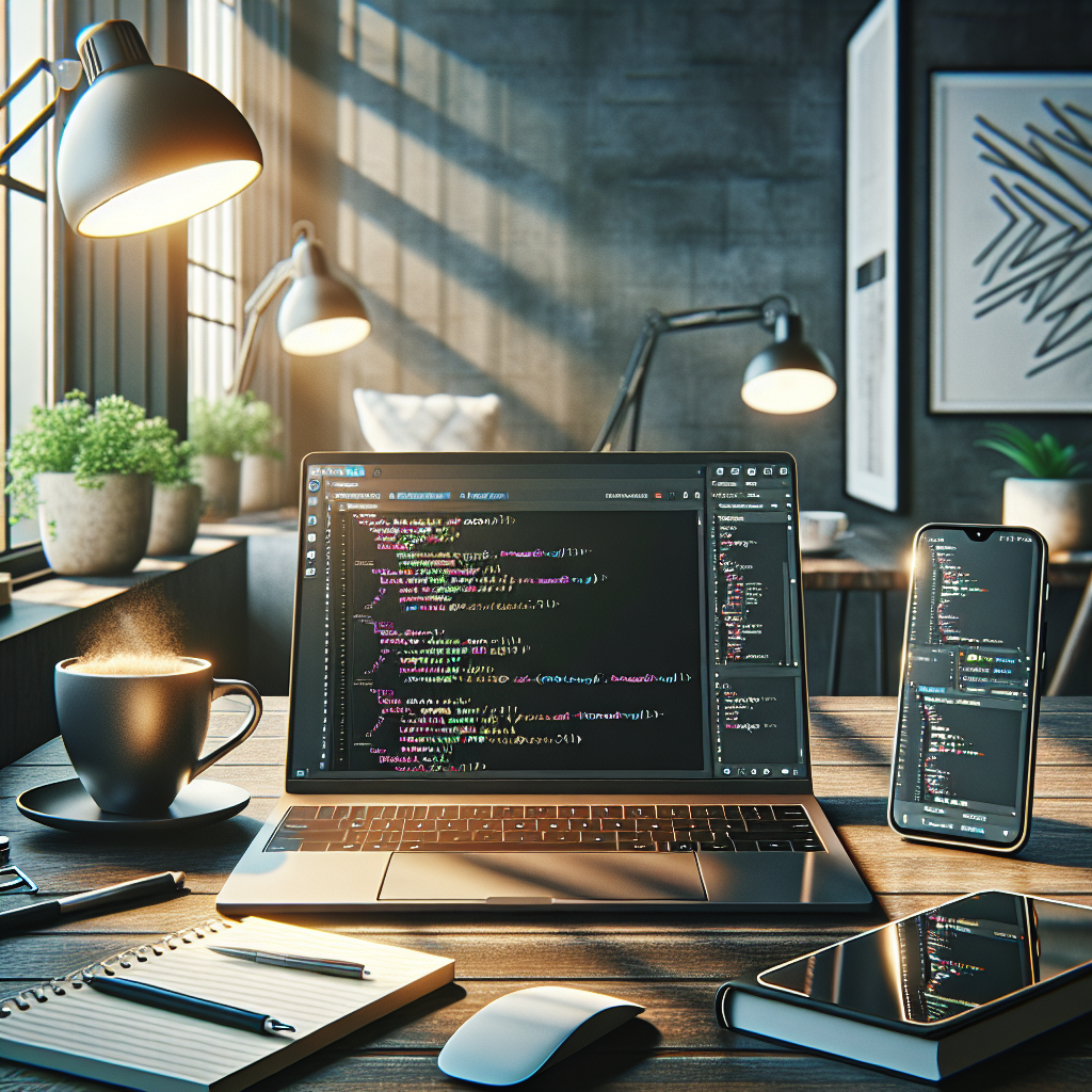 A mobile developer's desk with a laptop displaying Node.js code and a smartphone showing an app in development.