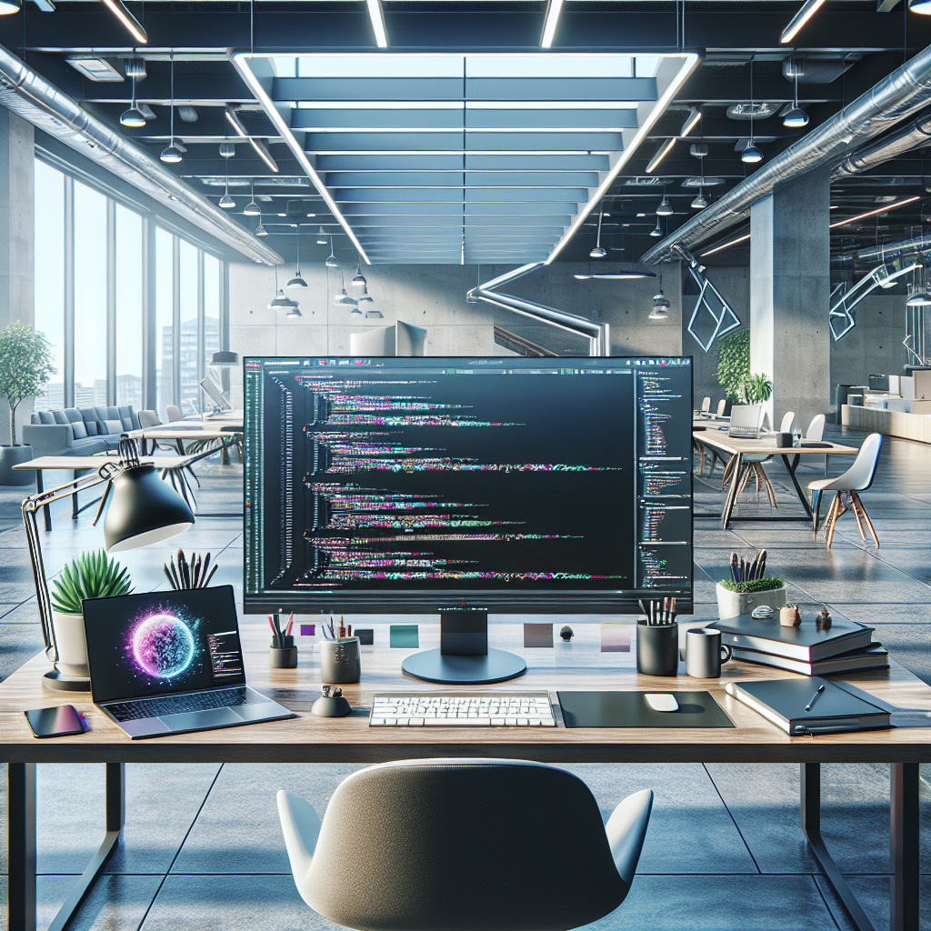 A modern desk setup for mobile app development featuring Visual Studio 2022 on a monitor, a laptop, coding books, and a smartphone.