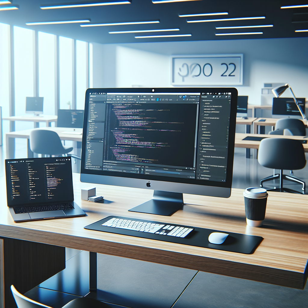 A modern workspace with a computer, Visual Studio 2022, and mobile app development tools.