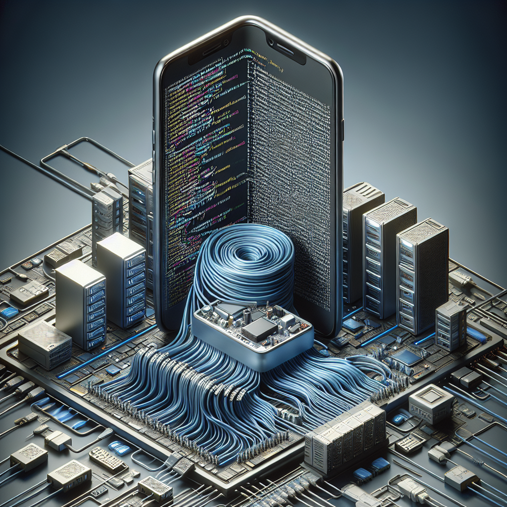 Conceptual image of Node.js for mobile app development, featuring a smartphone, code, and tech elements.