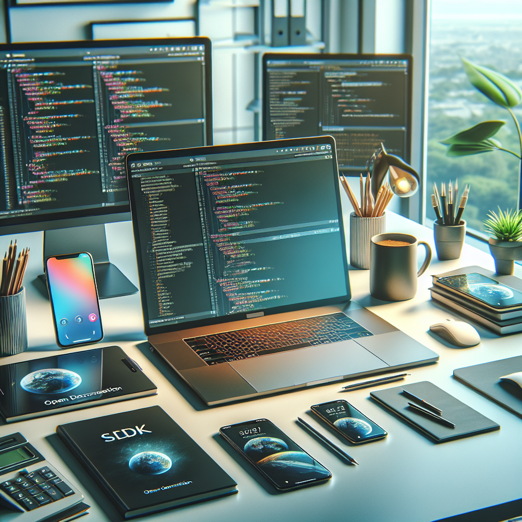 A realistic workspace of a modern mobile app developer with a laptop, smartphones, SDK documentation, and a potted plant.