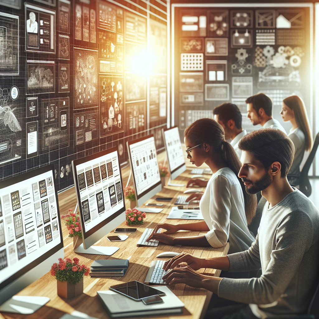 Developers collaborating in an office with screens showing various app interfaces.