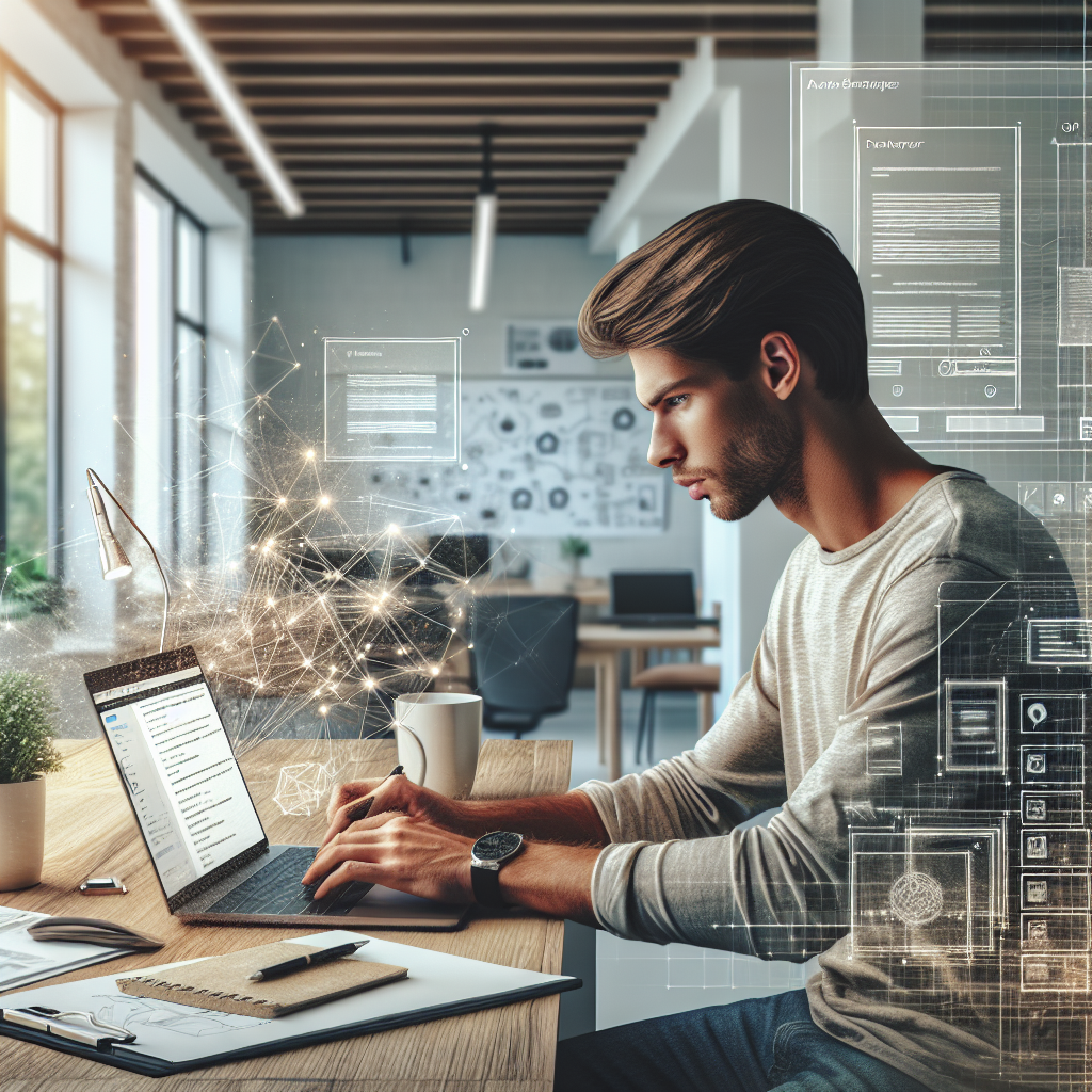 A young developer working on a mobile app in a modern, bright office space.