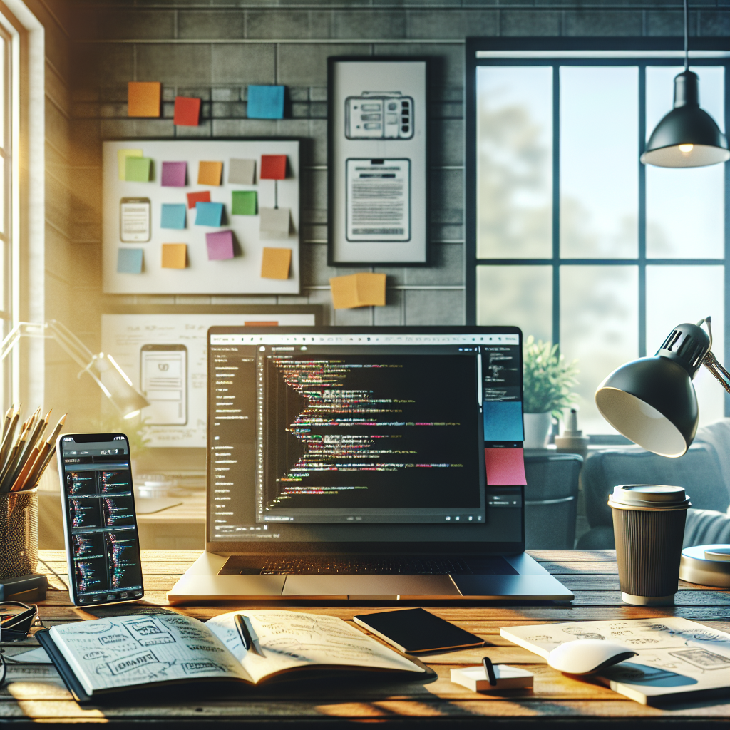 A mobile app developer's workspace with a laptop, smartphone, tablet displaying UI designs, a notepad, sticky notes, and a coffee cup.