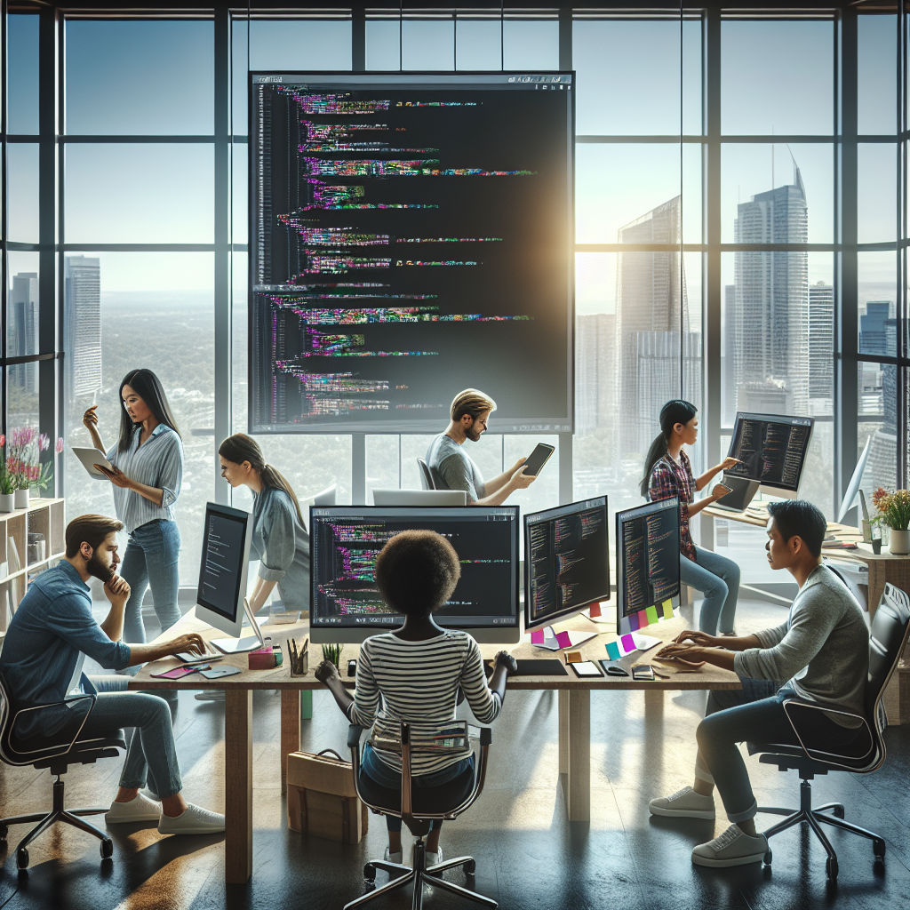 A diverse team of developers working on mobile app development in a modern office with large windows and a cityscape view.