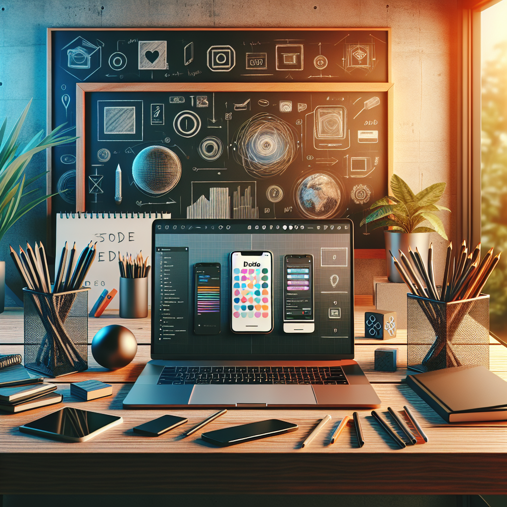 A realistic creative workspace for mobile app development with a laptop, smartphone, and design tools.