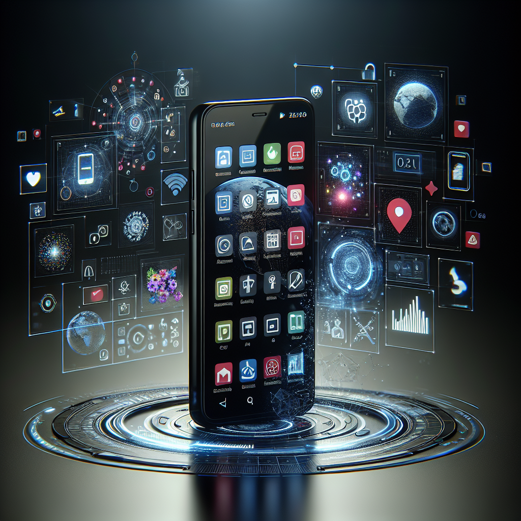 A realistic image illustrating mobile app development with a smartphone and digital elements.