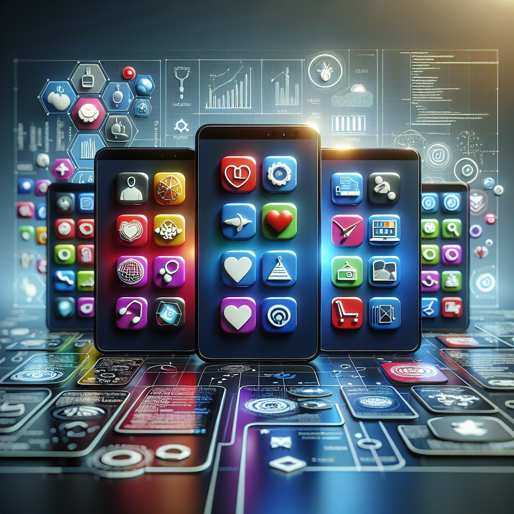 Realistic depiction of mobile app development uses showing smartphones and tablets with various app icons.