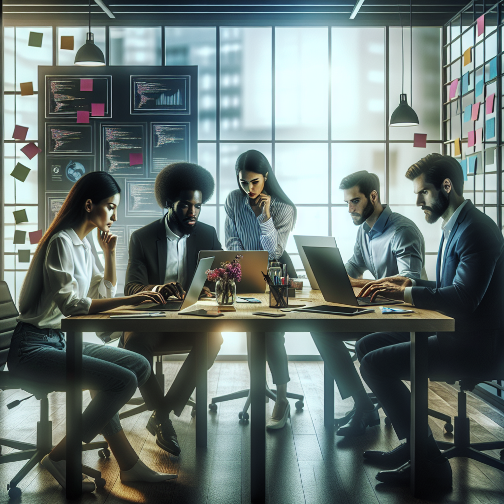 A team of professionals brainstorming and coding on laptops and tablets in a modern tech office.