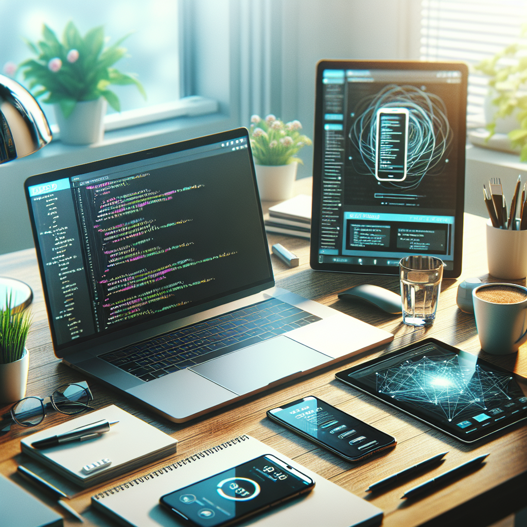 Modern office desk setup focused on mobile app development with laptop, smartphone, tablet and other desk items.