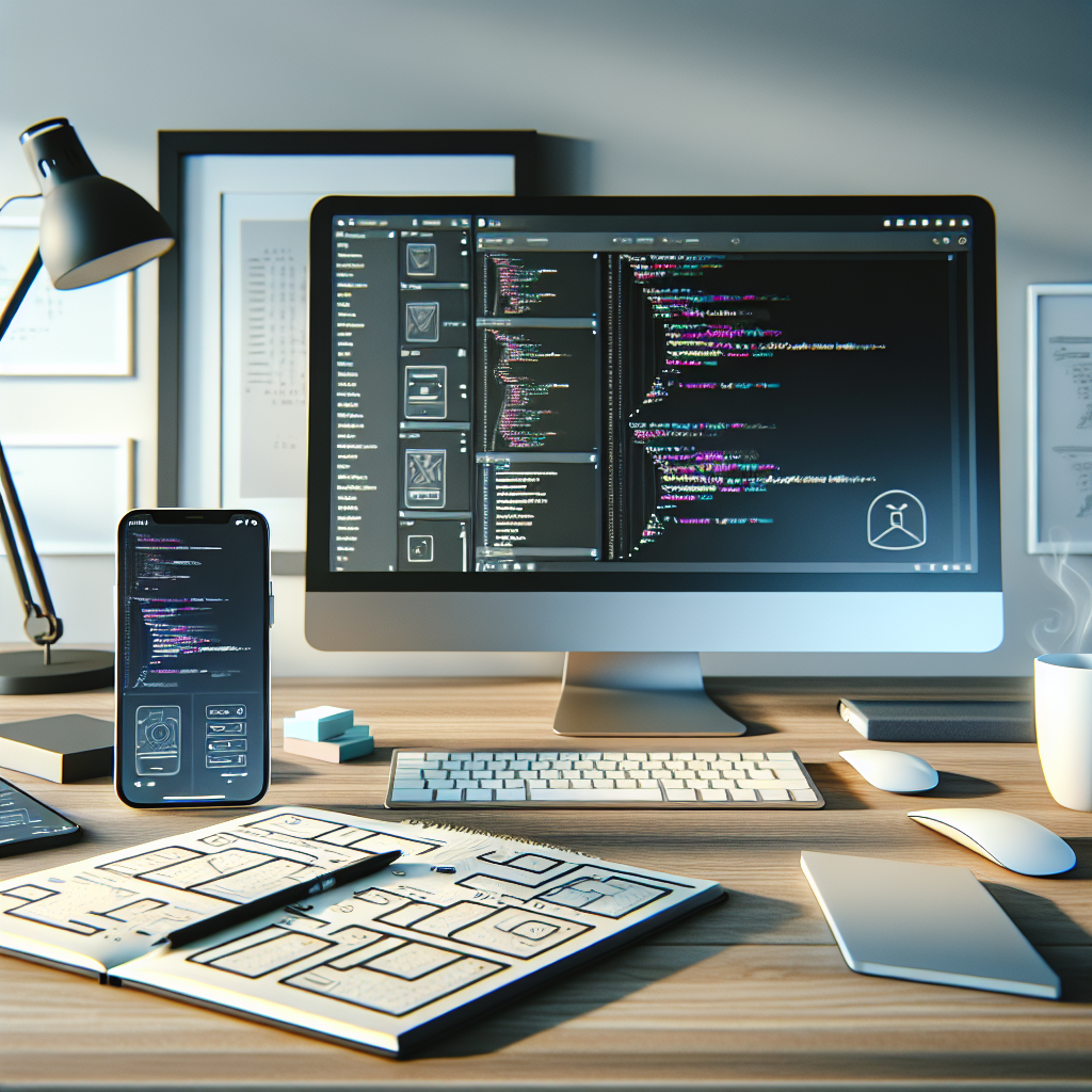 A realistic depiction of a modern office desk with elements related to mobile app development.