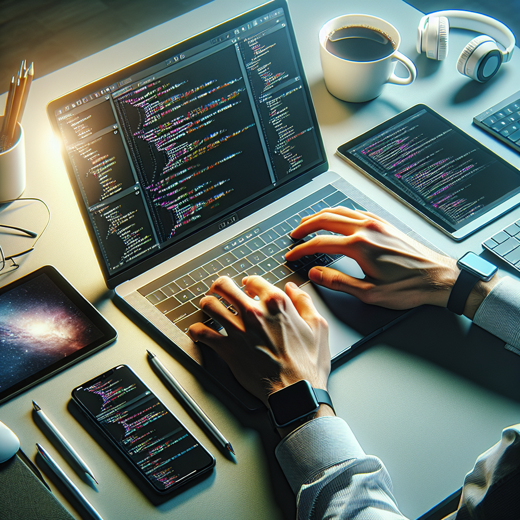 Close-up of developer's hands coding on a laptop, surrounded by a smartphone and tablet with app interfaces on a clean, modern desk.