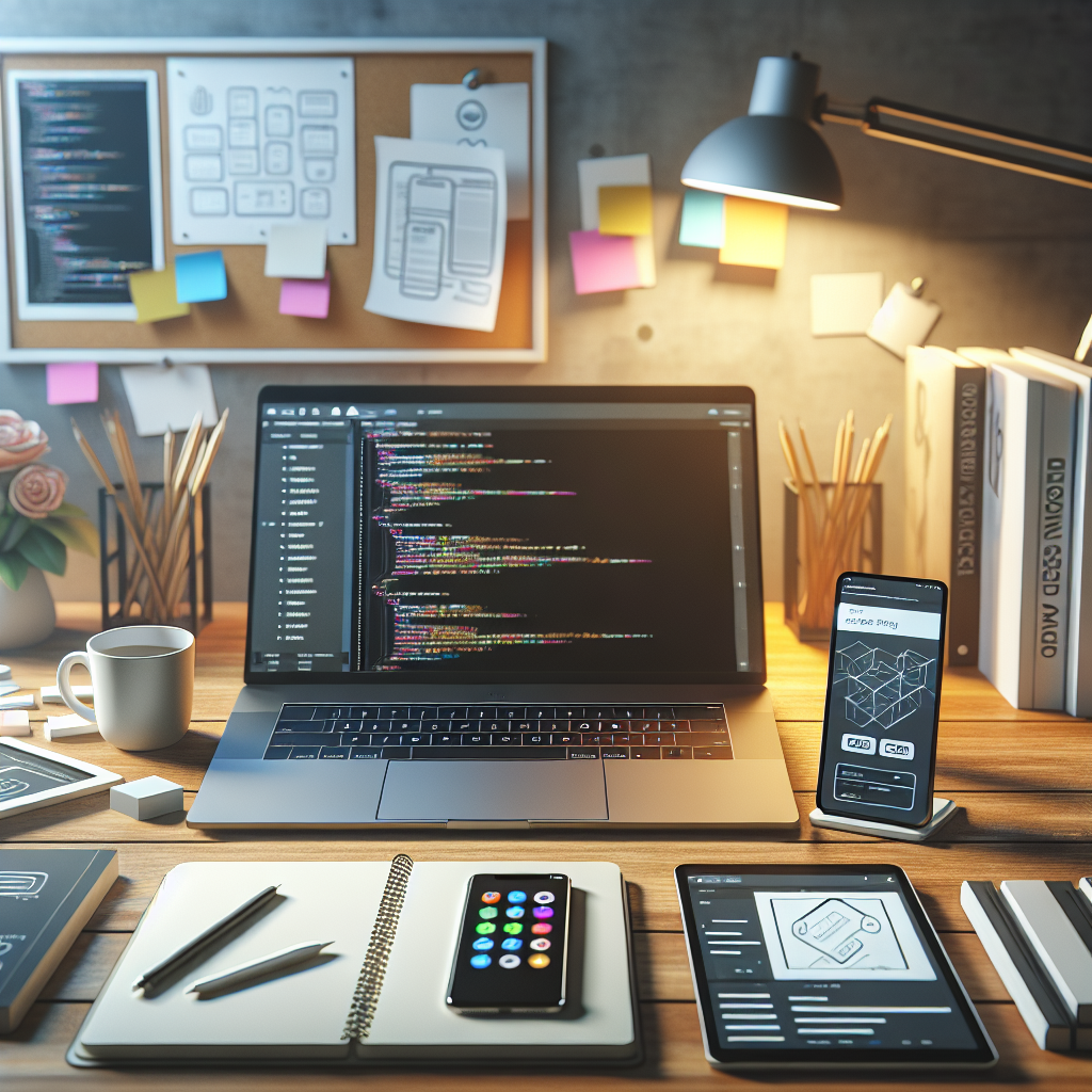 A modern mobile app development workspace with a laptop, smartphone, tablet, books, sticky notes, and a coffee cup.