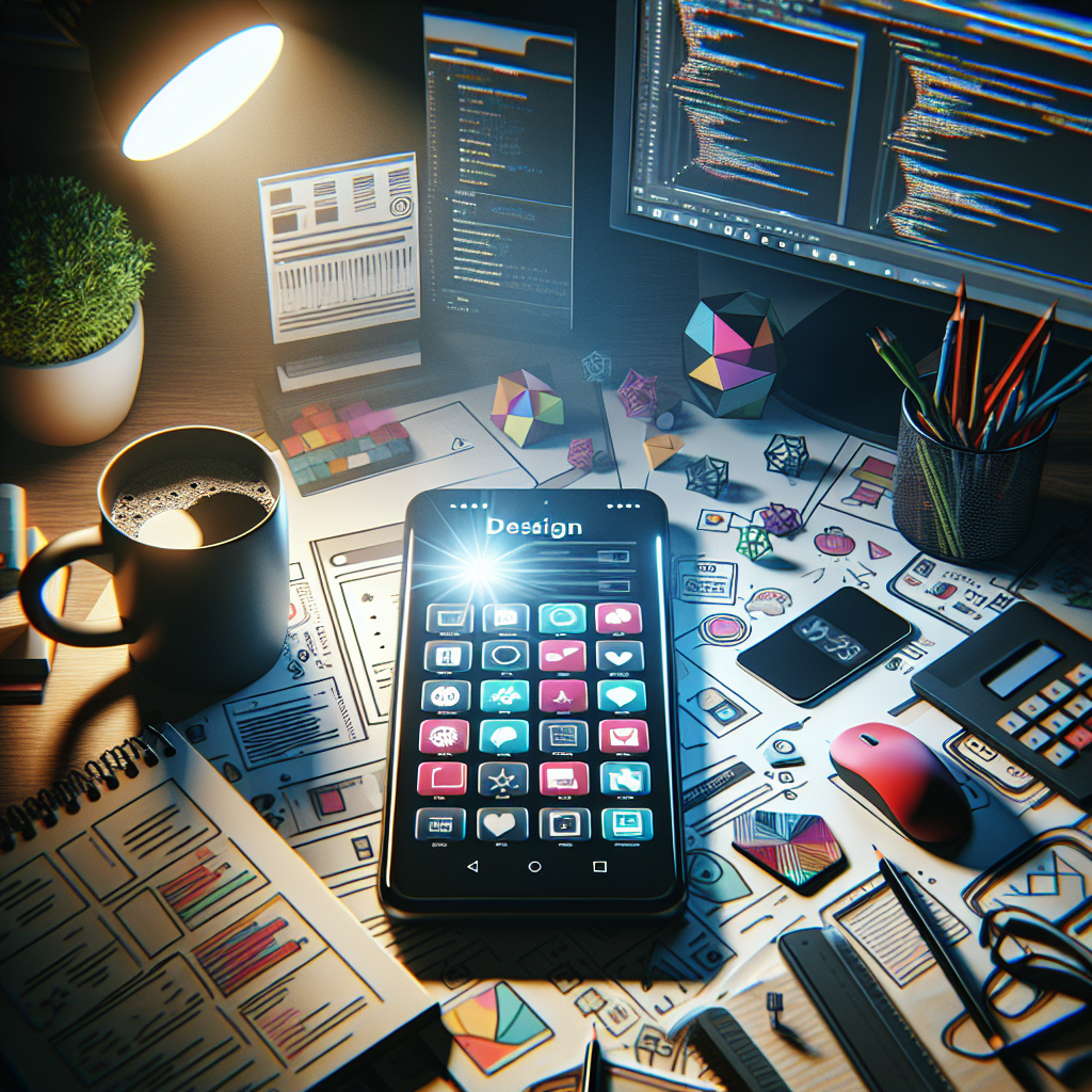 A developer's desk with a smartphone showing app interfaces, design sketches, a laptop, and a cup of coffee.