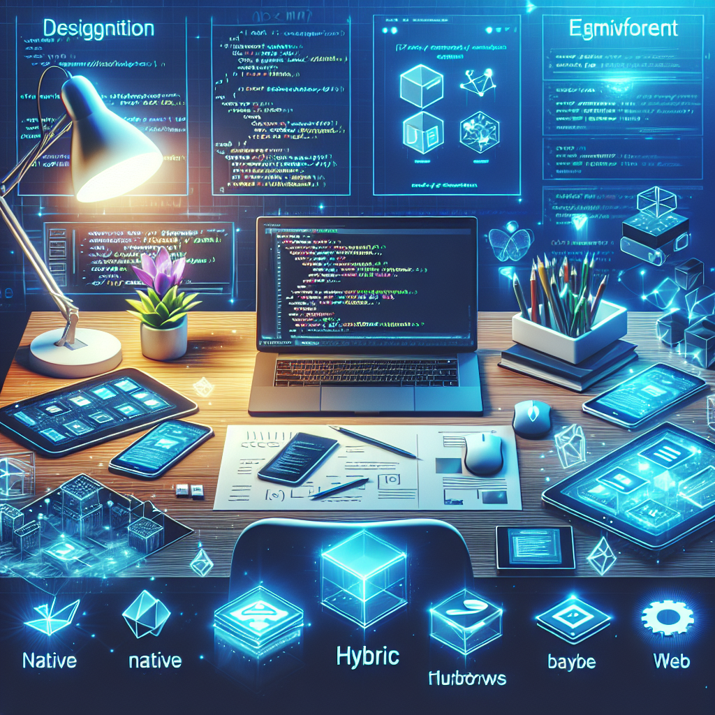 A realistic depiction of a developer's desk with a laptop, mobile devices showcasing app interfaces, and icons representing various mobile app development frameworks.