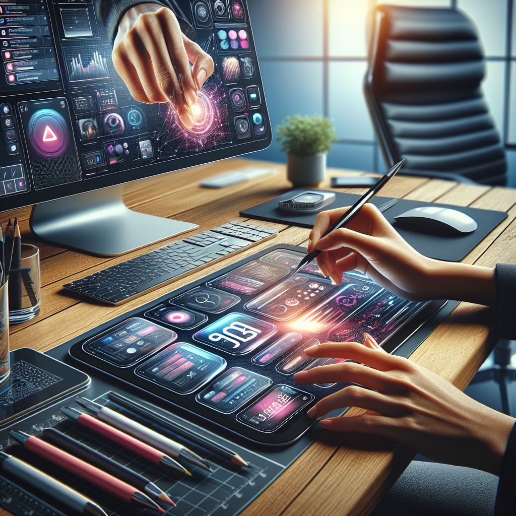 A realistic digital illustration of a mobile app development workspace with devices and user interfaces.