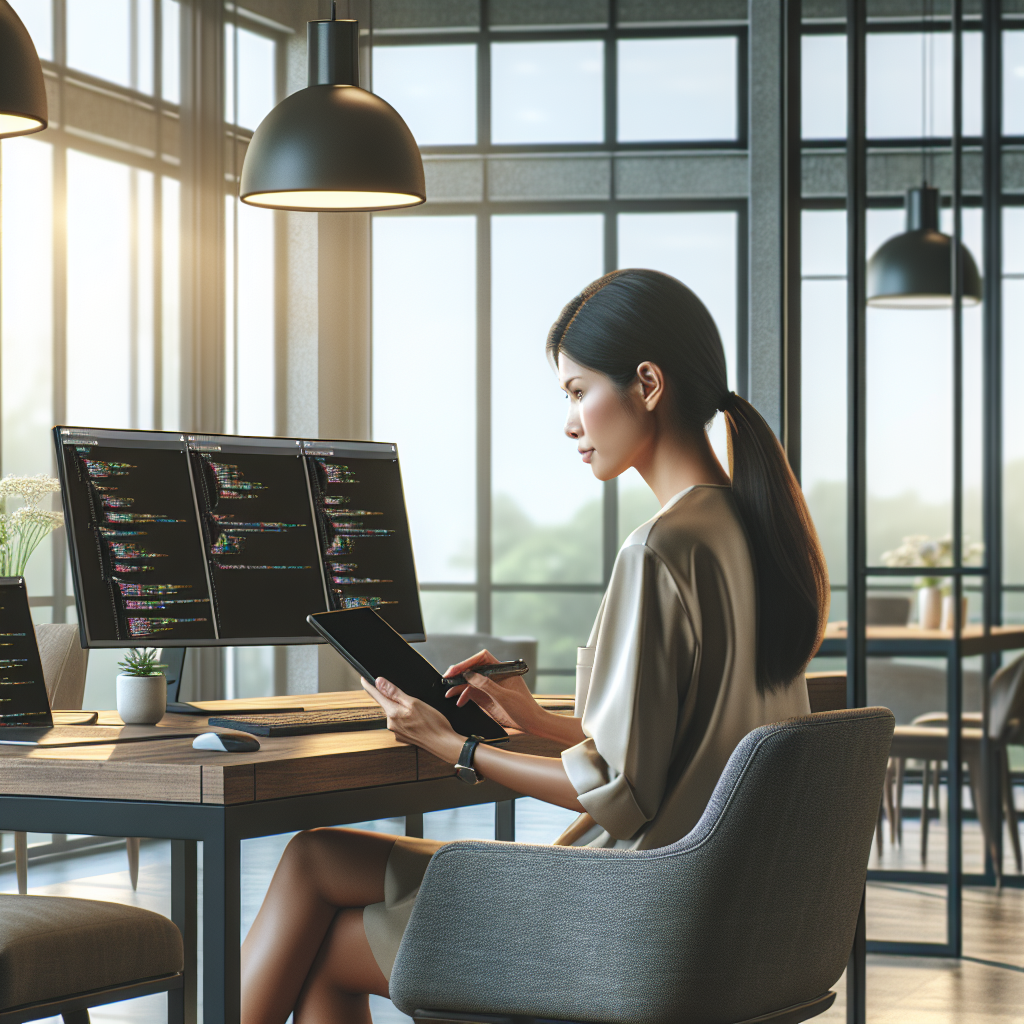 A professional woman in her mid-20s engaged in mobile app development at a modern desk in an office.