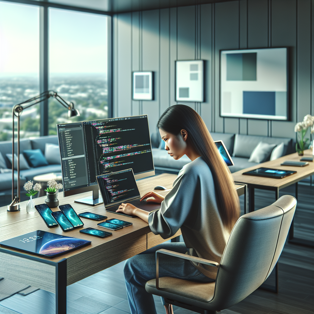 A young tech enthusiast working on mobile app development at a modern desk.