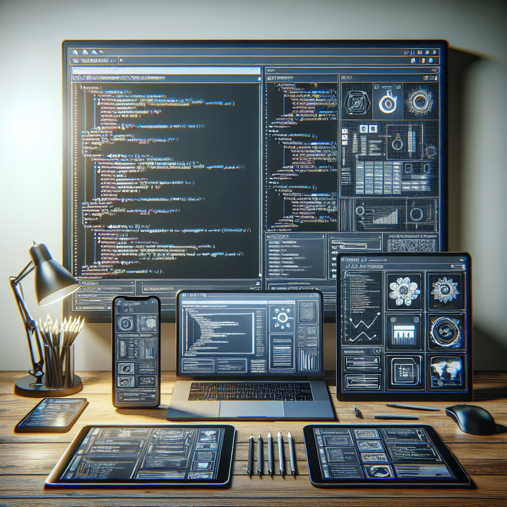 Modern mobile app development environment with developer's workspace and devices showing app interfaces and code.