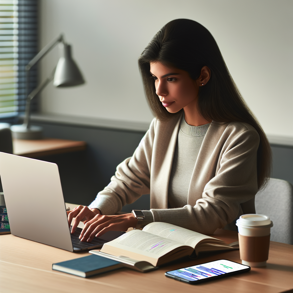 A programmer coding a mobile app at a minimalist desk setup.