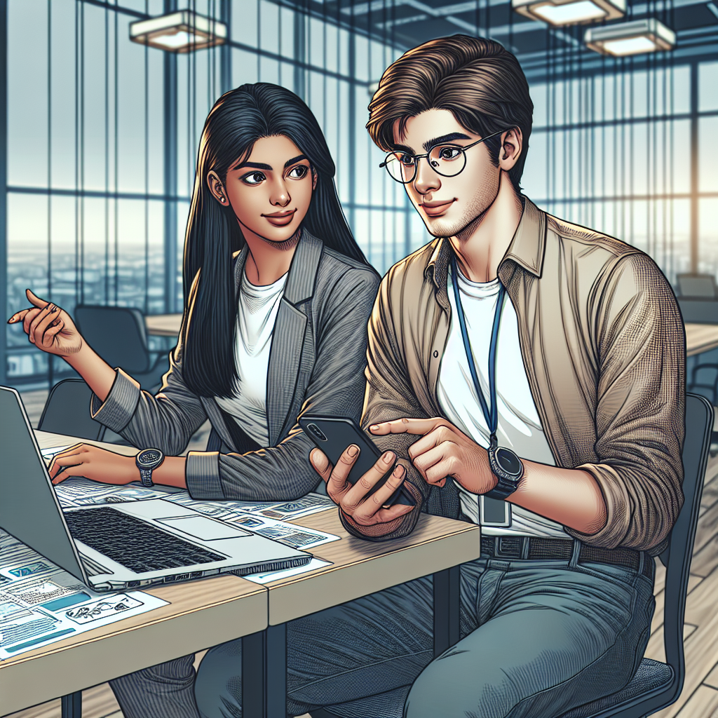 A young man and woman collaborating on a mobile app development project in a modern office setting.