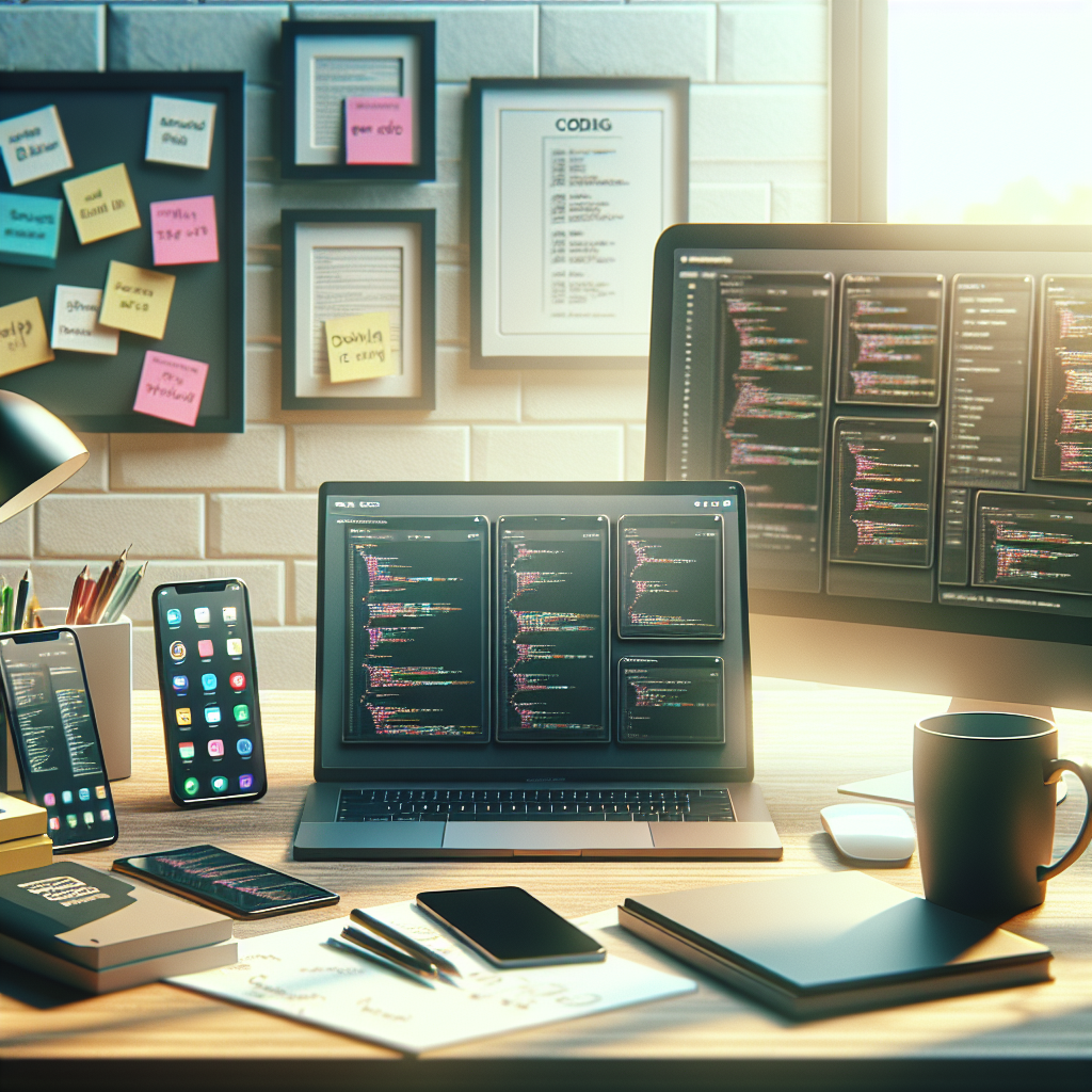 A realistic workspace showcasing tools for mobile app development with a laptop, smartphone, and tablet.