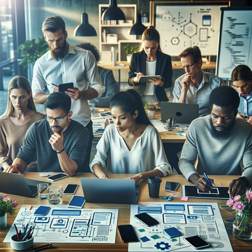 A realistic depiction of a team working on mobile app development with various devices and tools.