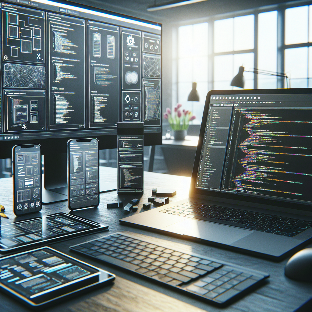 A realistic workspace featuring mobile app development tools including devices and coding software.