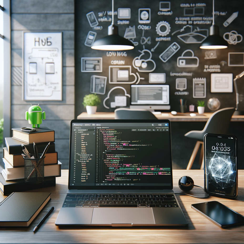 Modern mobile app development workspace with laptop, smartphone, and coding materials.