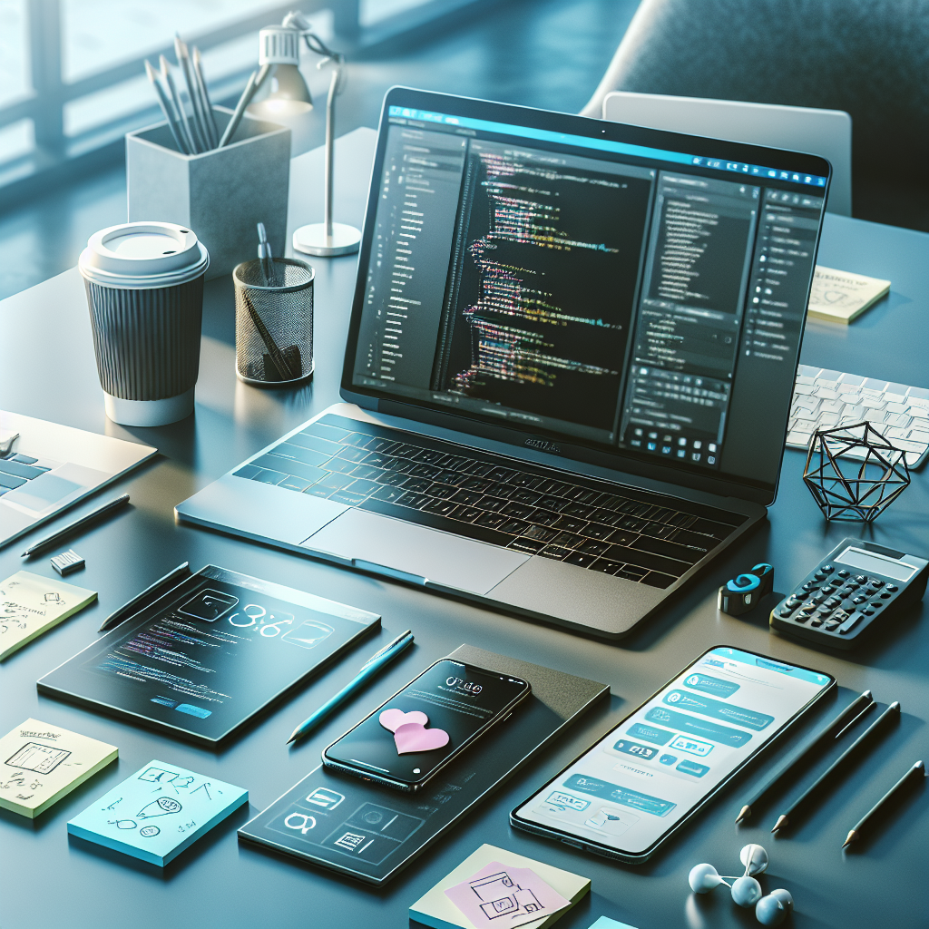 A realistic image of various mobile app development tools on a modern office desk.