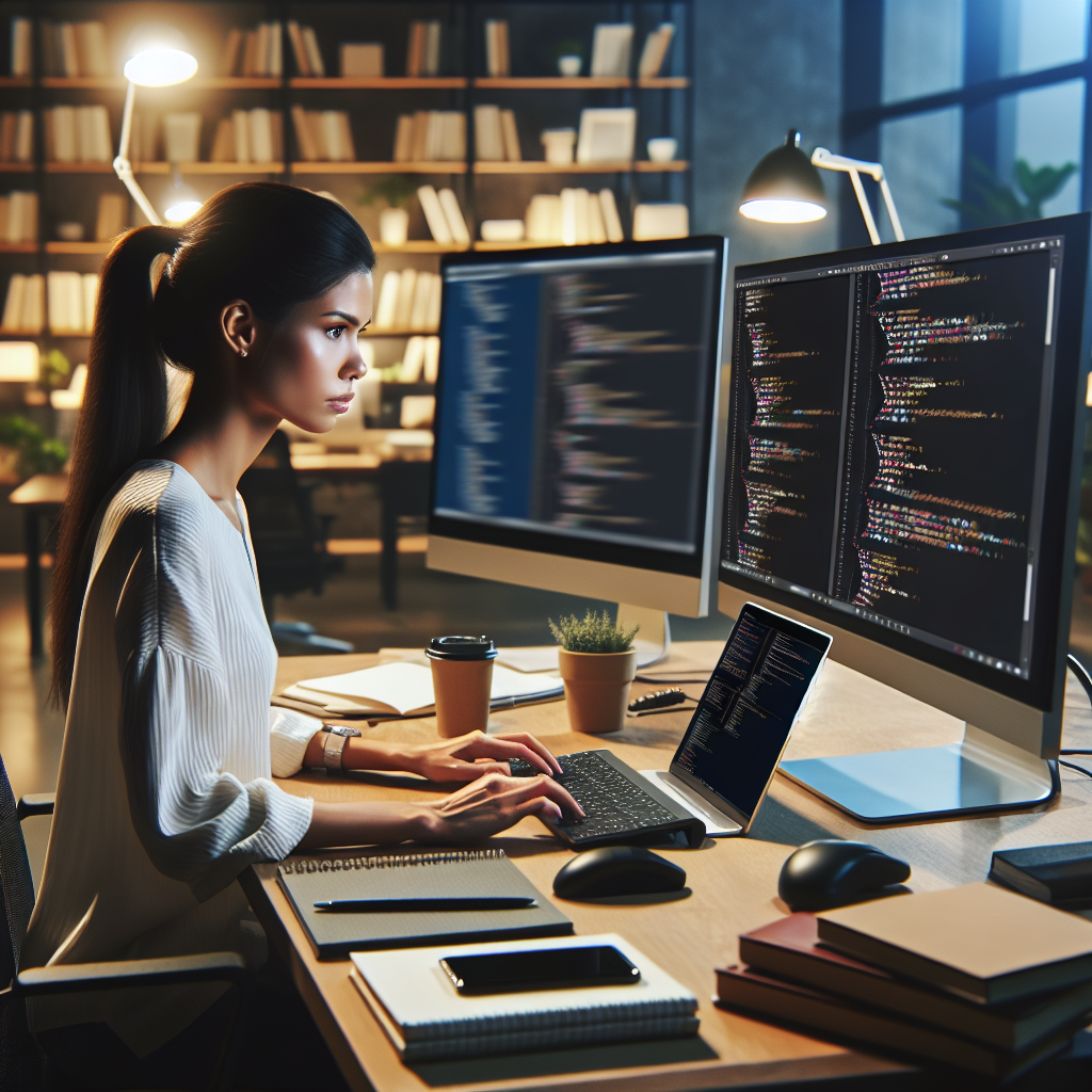 A young developer working on mobile app project in a modern office setting.