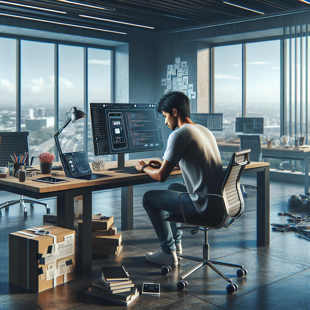 A developer working on a mobile app at a modern workspace with various gadgets and tools.