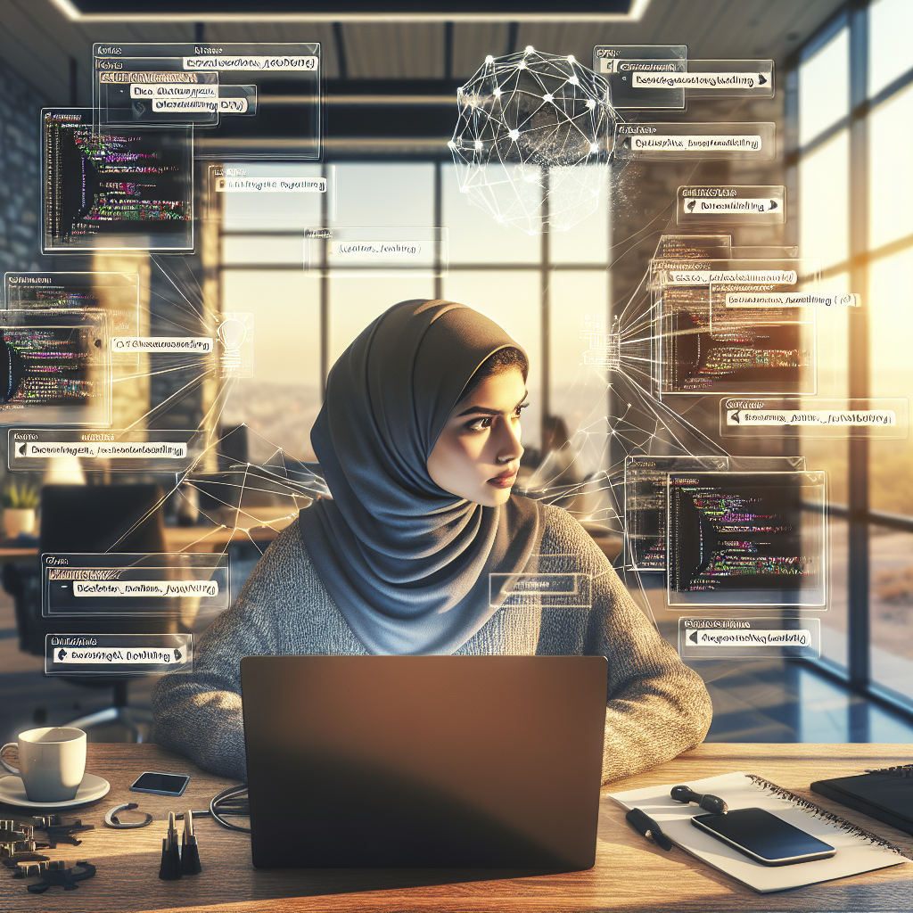 A programmer working on a laptop with multiple tasks managed by threads in a modern office setting.