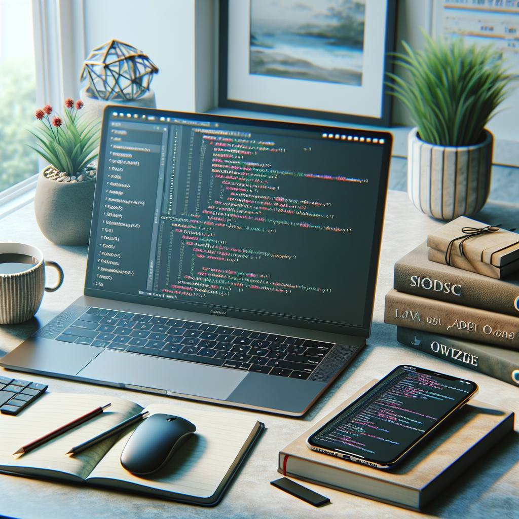 A modern workspace for mobile app development showing a laptop, smartphone, programming books, and minimalistic decor.