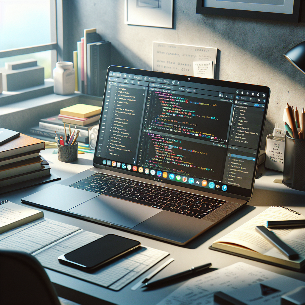 A modern workspace with a laptop, smartphone, and study materials, portraying a productive mobile app developer's environment.