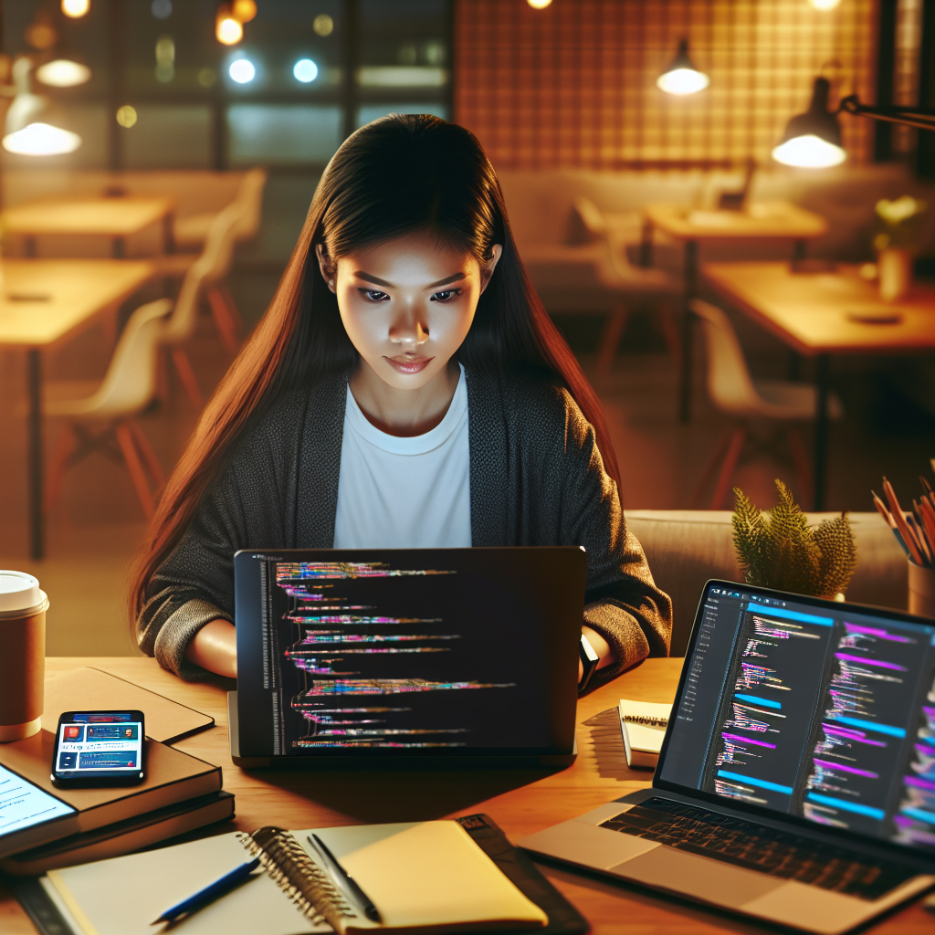 A young professional developer working on a laptop with code displayed, in a modern workspace with notebooks, a smartphone, and a tablet.