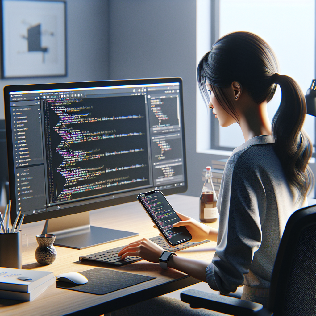 A developer working on mobile app development on a computer and smartphone in a modern office.