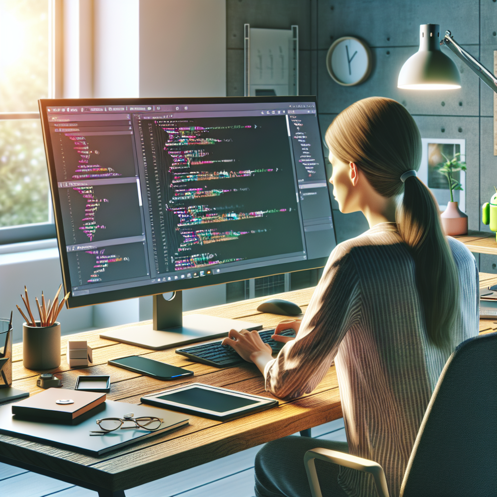 A person developing a native Android app in Android Studio on a computer, surrounded by modern technology in a well-lit workspace.