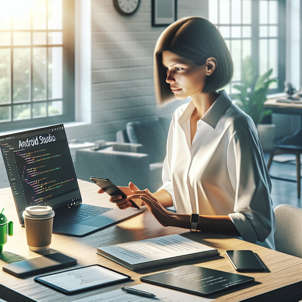 A person working on native Android app development in a modern workspace with Android Studio open on a laptop.