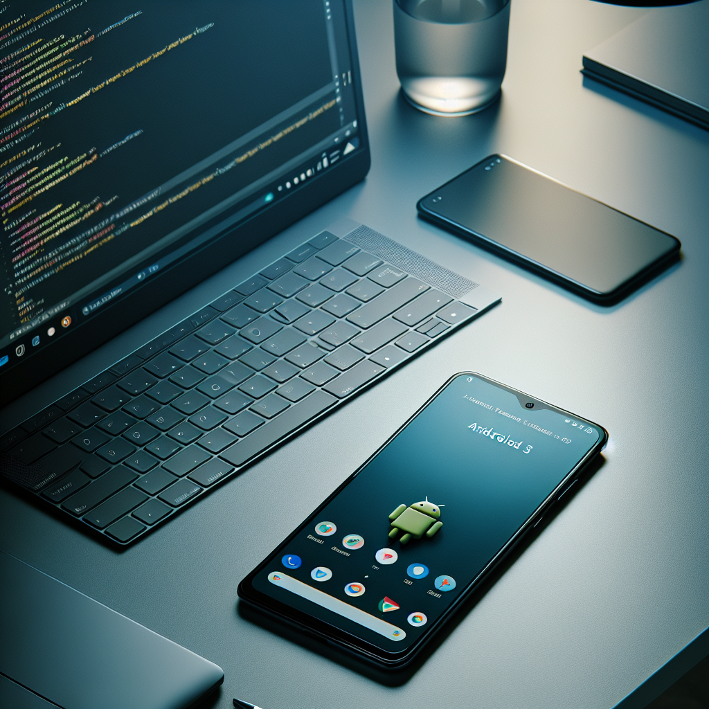 An Android smartphone and a laptop displaying app development setup on a modern desk.