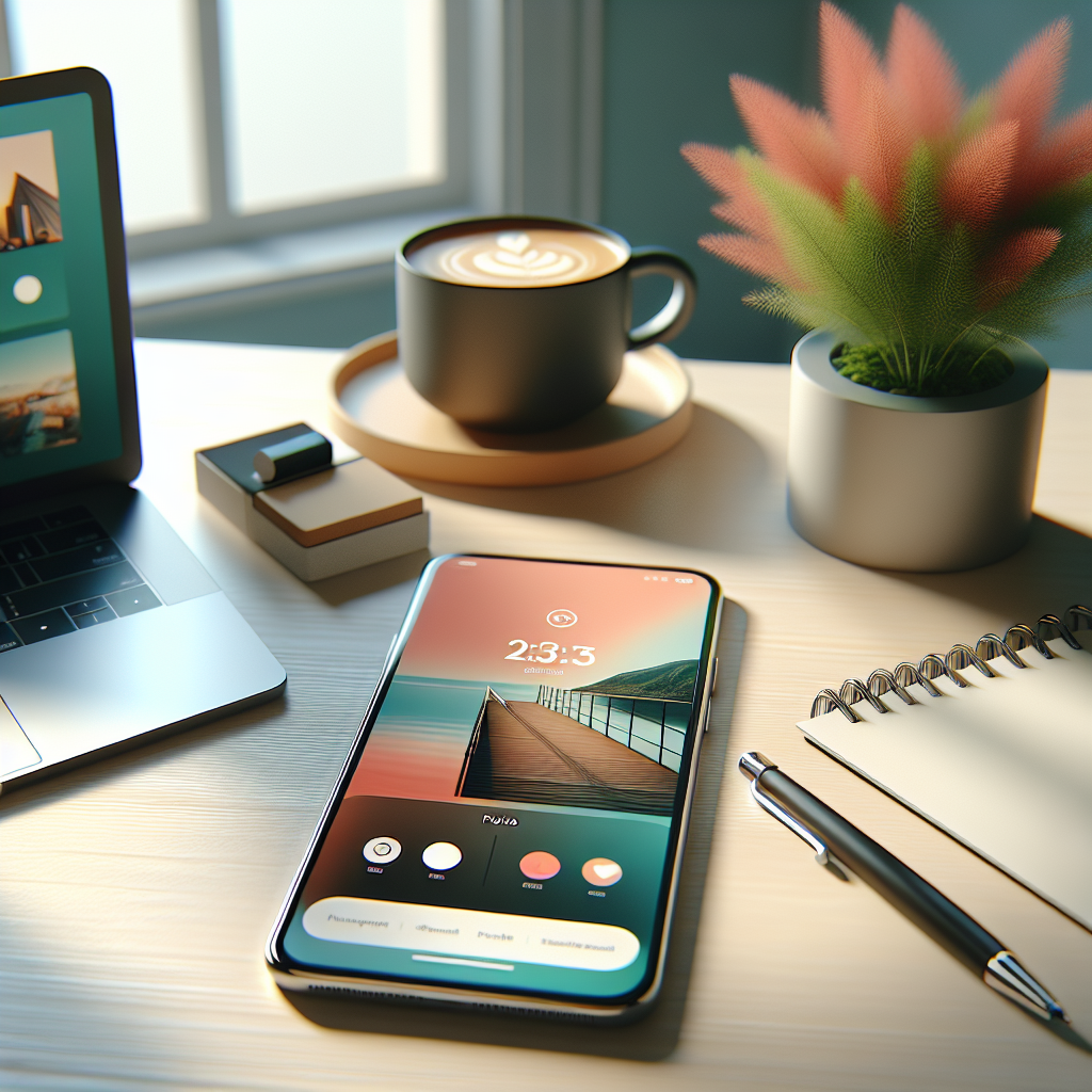 Realistic image of a modern smartphone on a sleek desk workspace with a custom mobile app displayed.